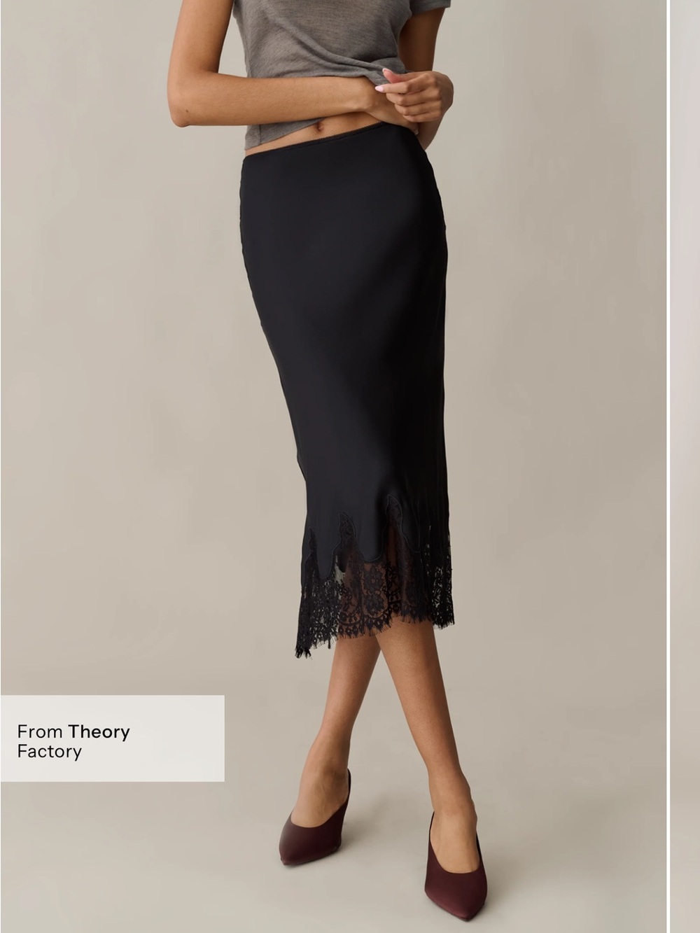 NWT Few Moda Evren Silk Skirt Size Medium M Lace trim midi Black o.p.t theory